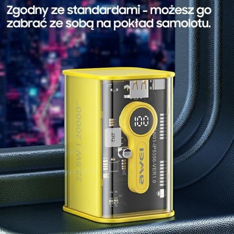 AWEI PowerBank P180K 20000mAh 22.5W czarny/black USB/PD + wyświetlacz