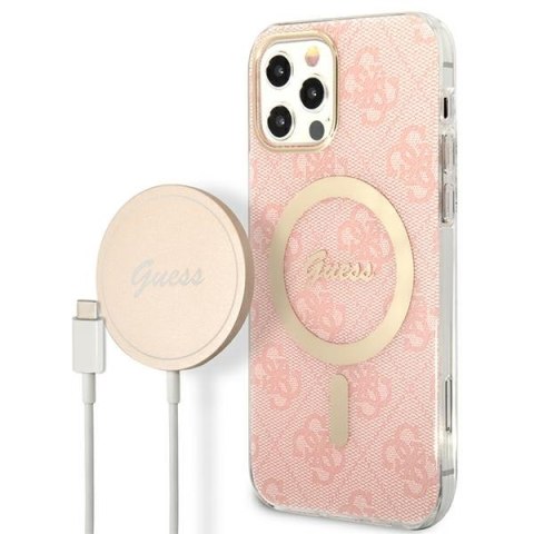 Zestaw Guess GUBPP12MH4EACSP Case+ Charger iPhone 12/12 Pro różowy/pink hard case 4G Print MagSafe