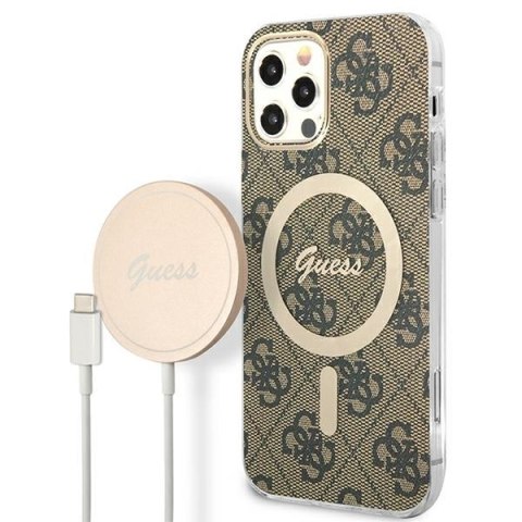 Zestaw Guess GUBPP12MH4EACSW Case+ Charger iPhone 12/12 Pro brązowy/brown hard case 4G Print MagSafe