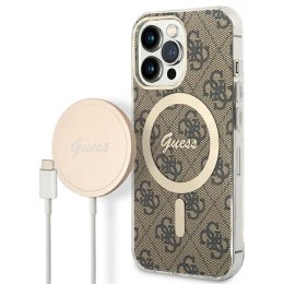 Zestaw Guess GUBPP13LH4EACSW Case+ Charger iPhone 13 Pro brązowy/brown hard case 4G Print MagSafe