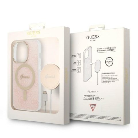 Zestaw Guess GUBPP14XH4EACSP Case+ Charger iPhone 14 Pro Max 6,7" różowy/pink hard case 4G Print MagSafe