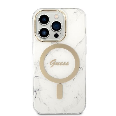 Zestaw Guess GUBPP14XHMEACSH Case+ Charger iPhone 14 Pro Max 6,7" biały/white hard case Marble MagSafe