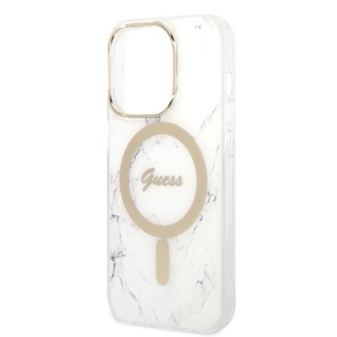 Zestaw Guess GUBPP14XHMEACSH Case+ Charger iPhone 14 Pro Max 6,7" biały/white hard case Marble MagSafe