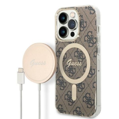 Zestaw Guess GUBPP14LH4EACSW Case+ Charger iPhone 14 Pro 6,1" brązowy/brown hard case 4G Print MagSafe