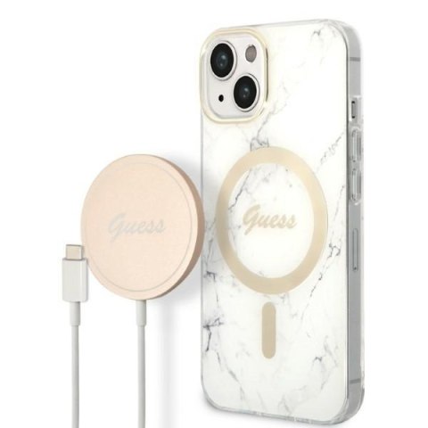 Zestaw Guess GUBPP14MHMEACSH Case+ Charger iPhone 14 Plus 6,7" biały/white hard case Marble MagSafe