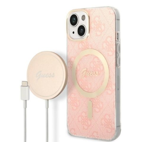 Zestaw Guess GUBPP14SH4EACSP Case+ Charger iPhone 14 6,1" różowy/pink hard case 4G Print MagSafe