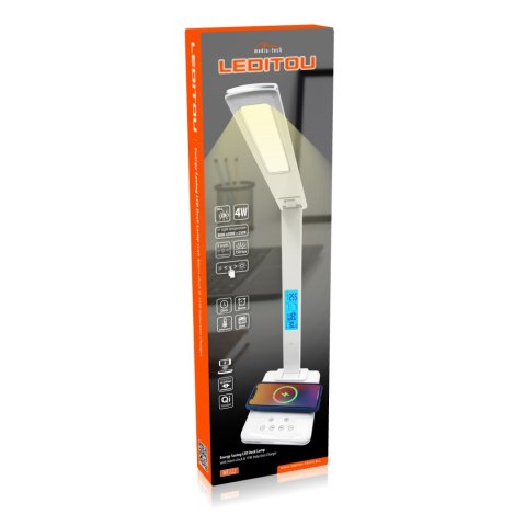 LEDITOU - Energooszczędna lampka biurkowa LED z ładowarką bezprzewodową QI 15W. Podświetlany zegar z budzikiem i termometrem °C/