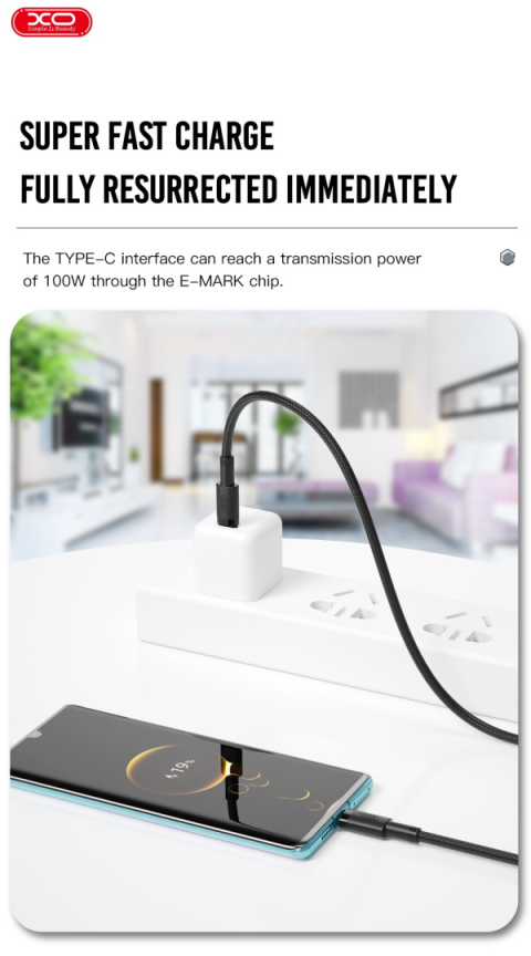 XO kabel NB-Q199 PD USB-C - USB-C 1,5m 100W czarny