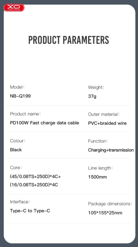 XO kabel NB-Q199 PD USB-C - USB-C 1,5m 100W czarny