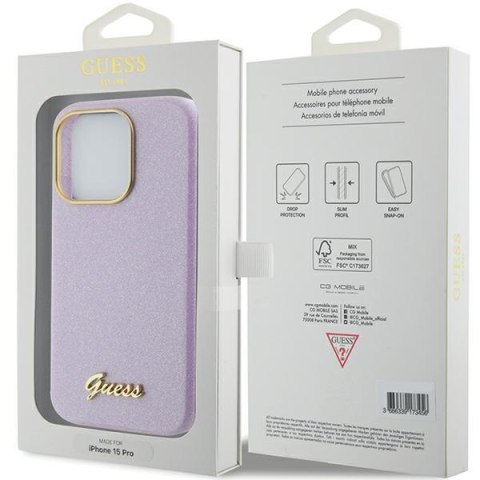 Guess GUHCP15LPGMCSL iPhone 15 Pro 6.1" liliowy/lilac hardcase Glitter Glossy Script