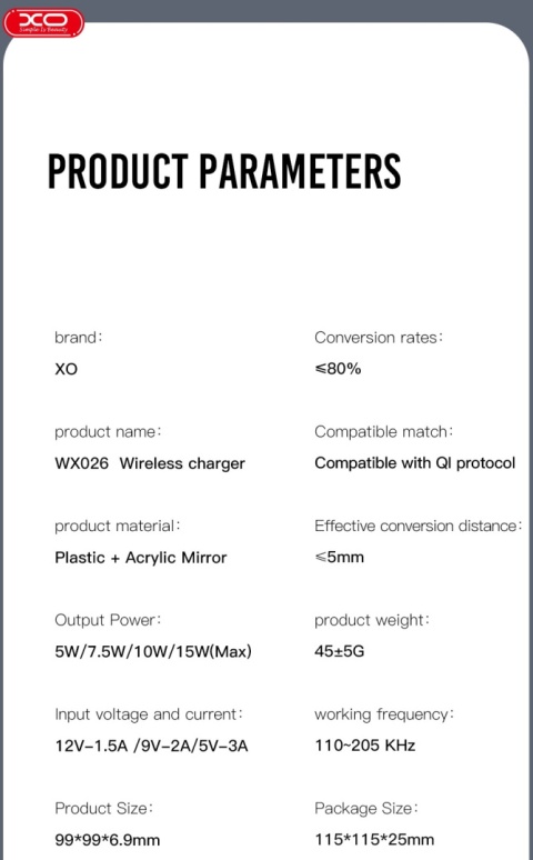XO ładowarka indukcyjna WX026 czarna 15W