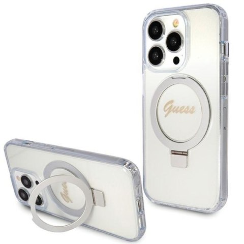 Guess GUHMP15LHRSGSD iPhone 15 Pro 6.1" przezroczysty/transparent hardcase Ring Stand Script Glitter MagSafe