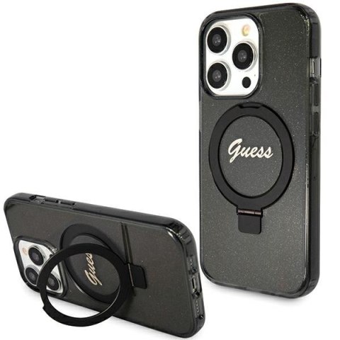 Guess GUHMP15LHRSGSK iPhone 15 Pro 6.1" czarny/black hardcase Ring Stand Script Glitter MagSafe