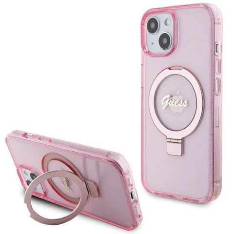 Guess GUHMP15SHRSGSP iPhone 15 6.1" różowy/pink hardcase Ring Stand Script Glitter MagSafe