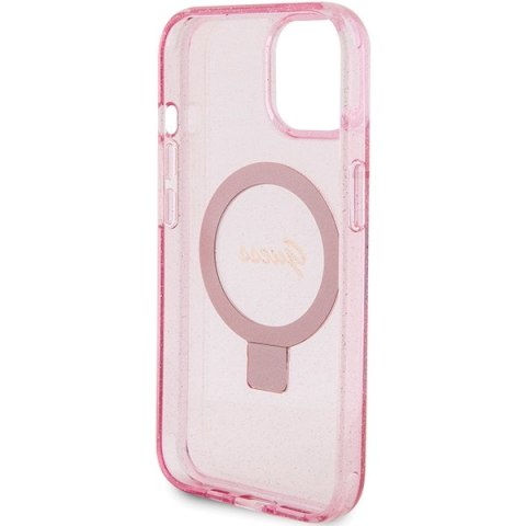 Guess GUHMP15SHRSGSP iPhone 15 6.1" różowy/pink hardcase Ring Stand Script Glitter MagSafe