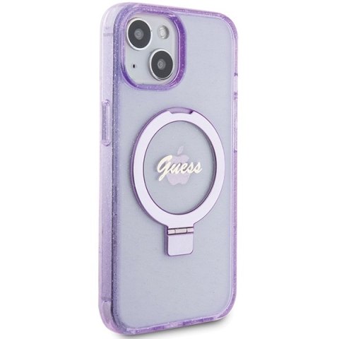 Guess GUHMP15SHRSGSU iPhone 15 6.1" fioletowy/purple hardcase Ring Stand Script Glitter MagSafe
