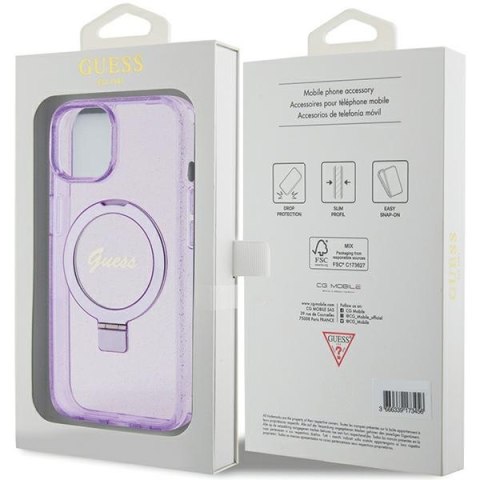Guess GUHMP15SHRSGSU iPhone 15 6.1" fioletowy/purple hardcase Ring Stand Script Glitter MagSafe