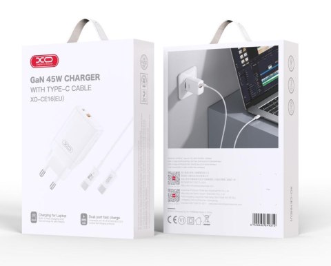 XO ładowarka sieciowa CE16 PD 45W 1x USB-C 1x USB biała + kabel USB-C - USB-C