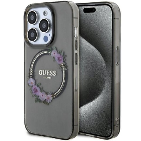 Guess GUHMP15LHFWFCK iPhone 15 Pro 6.1" czarny/black hardcase IML Flowers Wreatch MagSafe