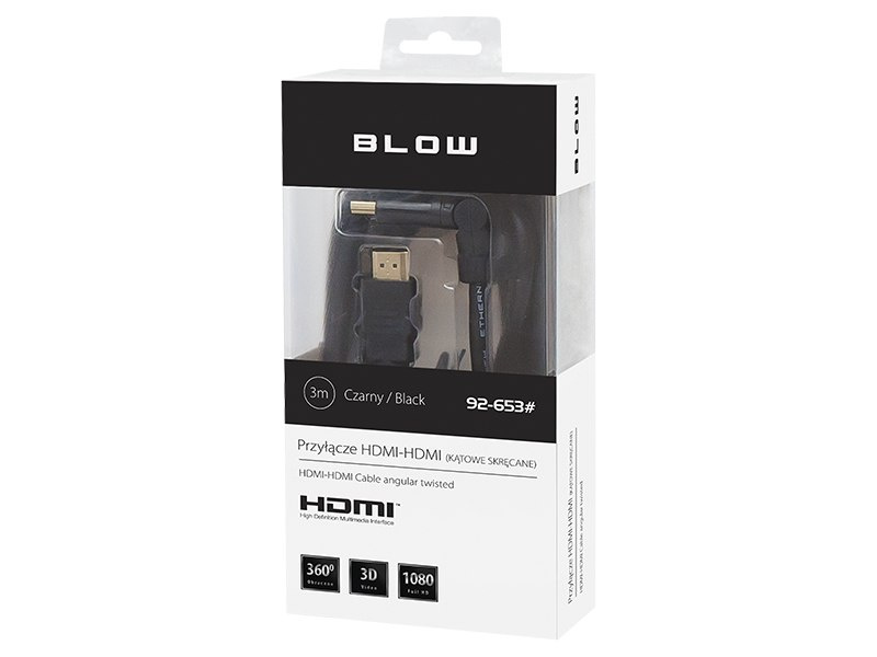 Kabel HDMI-HDMI BLACK kątowy skręcany 3m BLOW 92-653