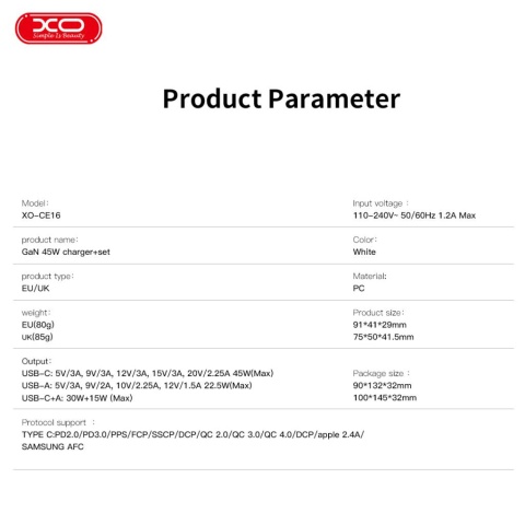 XO ładowarka sieciowa CE16 PD 45W 1x USB-C 1x USB biała + kabel USB-C - USB-C