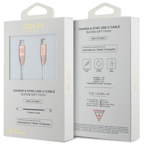 Guess GUCCLALRGDP kabel USB-C - USB-C 1.5m Fast Charging różowy/pink Ebossed Logo