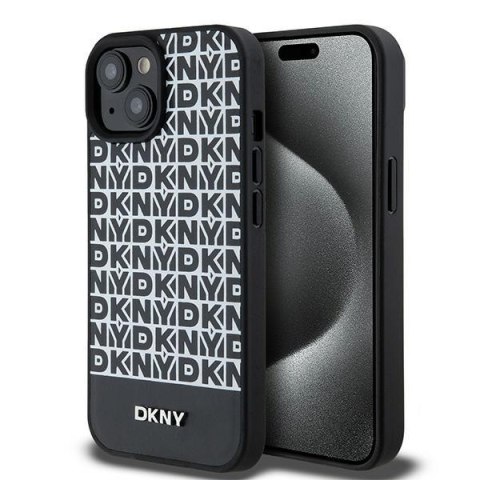 DKNY nakładka do iPhone 15 6,1" DKHMP15SPSOSPK czarna HC Magsafe pu repeat pattern w bottom stripe