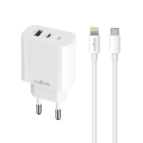 Maxlife ładowarka sieciowa PD QC MXTC-06-20AC 1x USB-C 1x USB 20W biała + kabel USB-C - Lightning 20W