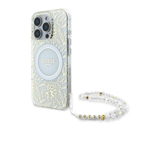 Guess GUHMP16LHCPOFPH iPhone 16 Pro 6.3" biały/white hardcase IML Flowers Allover Electro With Pearl Strap MagSafe