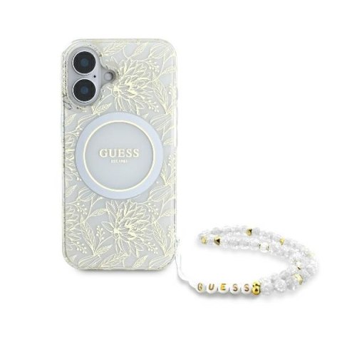 Guess GUHMP16MHCPOFPH iPhone 16 Plus 6.7" biały/white hardcase IML Flowers Allover Electro With Pearl Strap MagSafe