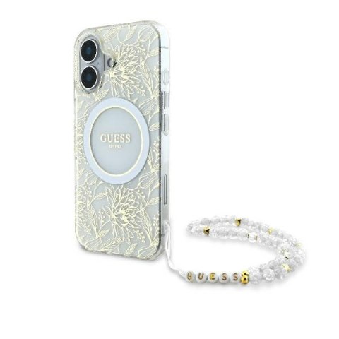 Guess GUHMP16SHCPOFPH iPhone 16 6.1" biały/white hardcase IML Flowers Allover Electro With Pearl Strap MagSafe