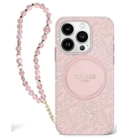 Guess GUHMP16SHCPOFPP iPhone 16 6.1" różowy/pink hardcase IML Flowers Allover Electro With Pearl Strap MagSafe