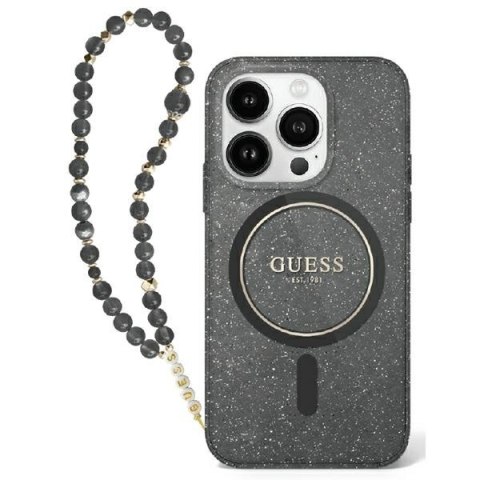 Guess GUHMP16SHGCRELSK iPhone 16 6.1" czarny/czarny hardcase IML Glitter With Pearl Strap MagSafe