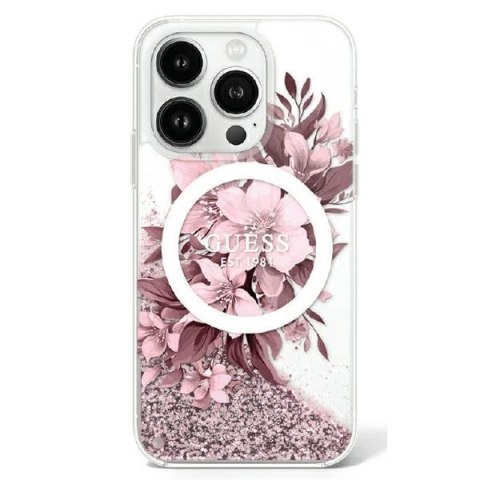 Guess GUHMP16SLFMWTP iPhone 16 6.1" różowy/pink hardcase Liquid Glitter Flower MagSafe