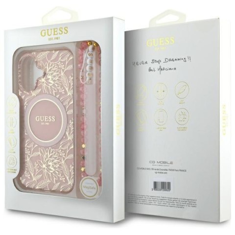 Guess GUHMP16MHCPOFPP iPhone 16 Plus 6.7" różowy/pink hardcase IML Flowers Allover Electro With Pearl Strap MagSafe