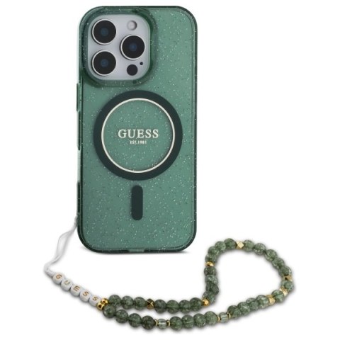 Guess GUHMP16LHGCRELSA iPhone 16 Pro 6.3" zielony/green hardcase IML Glitter With Pearl Strap MagSafe