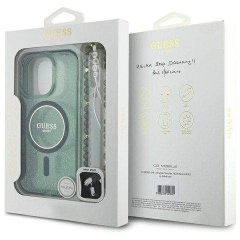 Guess GUHMP16LHGCRELSA iPhone 16 Pro 6.3" zielony/green hardcase IML Glitter With Pearl Strap MagSafe