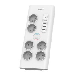 Listwa zasilająca antyprzepięciowa PHILIPS przedłużacz sieciowy 6 gniazd + 4xUSB-A + 1x USB-C 2m 16A biała