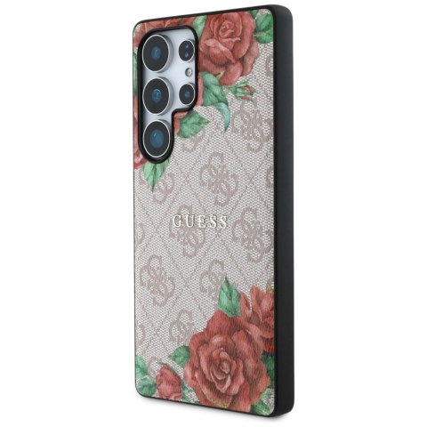 Etui Guess Leather 4G Flowers Print Metal Classic Logo MagSafe Samsung Galaxy S25 Ultra różowy
