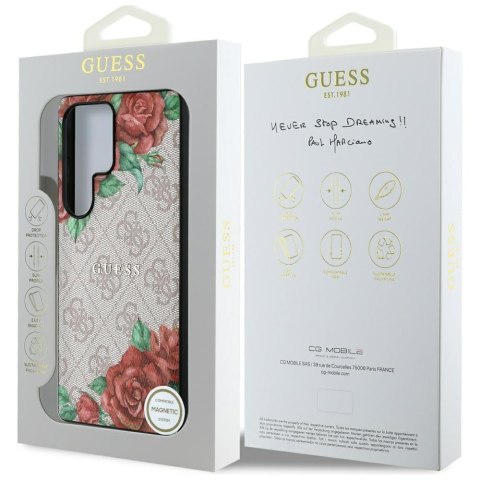 Etui Guess Leather 4G Flowers Print Metal Classic Logo MagSafe Samsung Galaxy S25 Ultra różowy