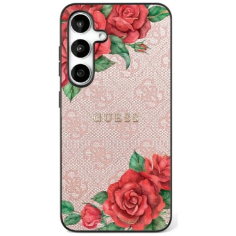 Etui Guess Leather 4G Flowers Print Metal Classic Logo MagSafe Samsung Galaxy S25 różowy