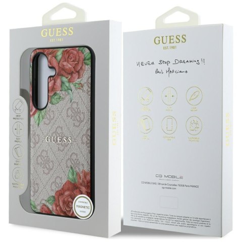 Etui Guess Leather 4G Flowers Print Metal Classic Logo MagSafe Samsung Galaxy S25 różowy