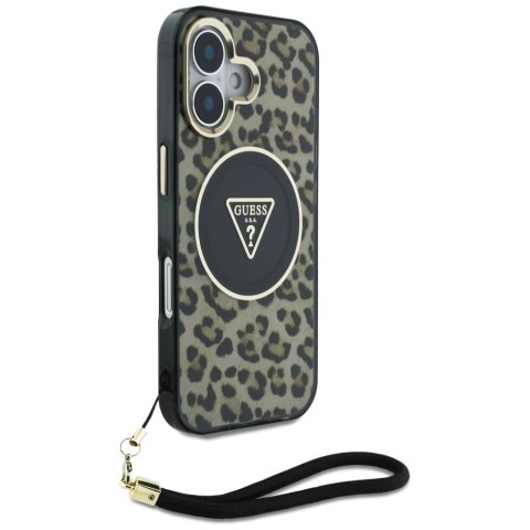 Etui Guess HC IML Leopard Triangle Cord Strap do iPhone 16 MagSafe brązowy