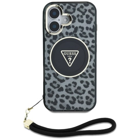 Etui Guess HC IML Leopard Triangle Cord Strap do iPhone 16 MagSafe czarny