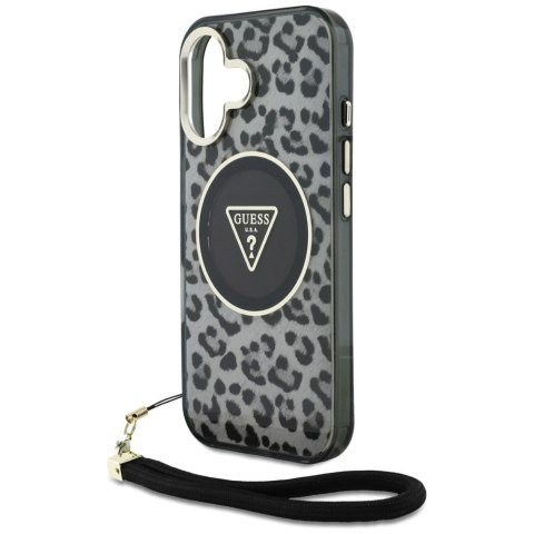 Etui Guess HC IML Leopard Triangle Cord Strap do iPhone 16 MagSafe czarny