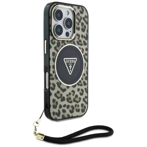 Etui Guess HC IML Leopard Triangle Cord Strap do iPhone 16 Pro MagSafe brązowy