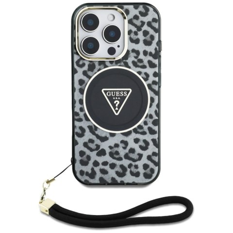 Etui Guess HC IML Leopard Triangle Cord Strap do iPhone 16 Pro MagSafe czarny