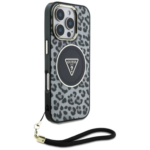 Etui Guess HC IML Leopard Triangle Cord Strap do iPhone 16 Pro MagSafe czarny