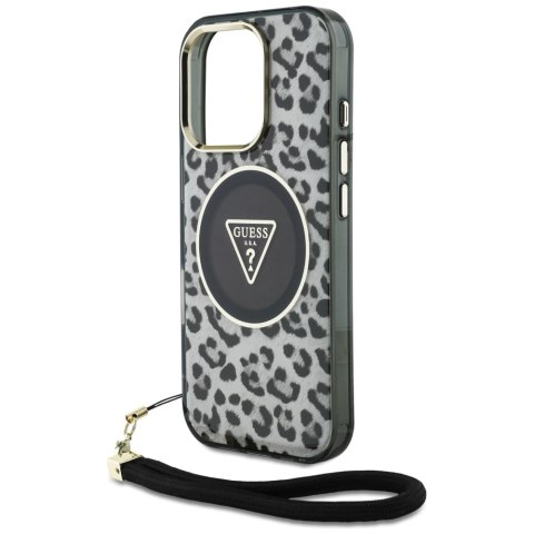 Etui Guess HC IML Leopard Triangle Cord Strap do iPhone 16 Pro MagSafe czarny
