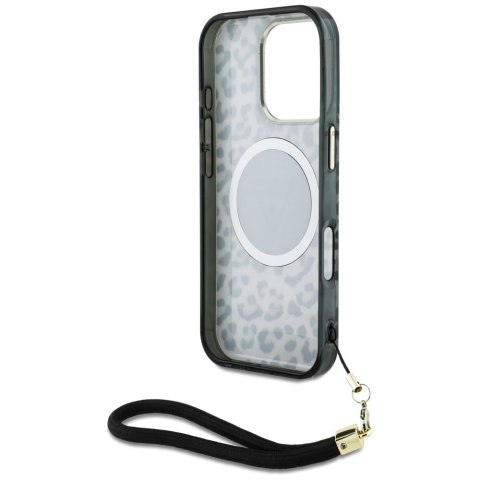 Etui Guess HC IML Leopard Triangle Cord Strap do iPhone 16 Pro MagSafe czarny
